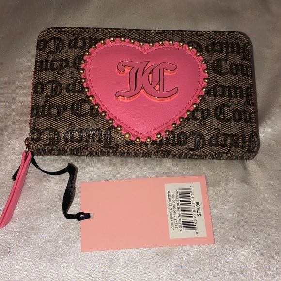 Juicy Couture Taupe Dark Brown Love Never Dies Bifold Wallet Studded Heart NWT - Picture 3 of 16